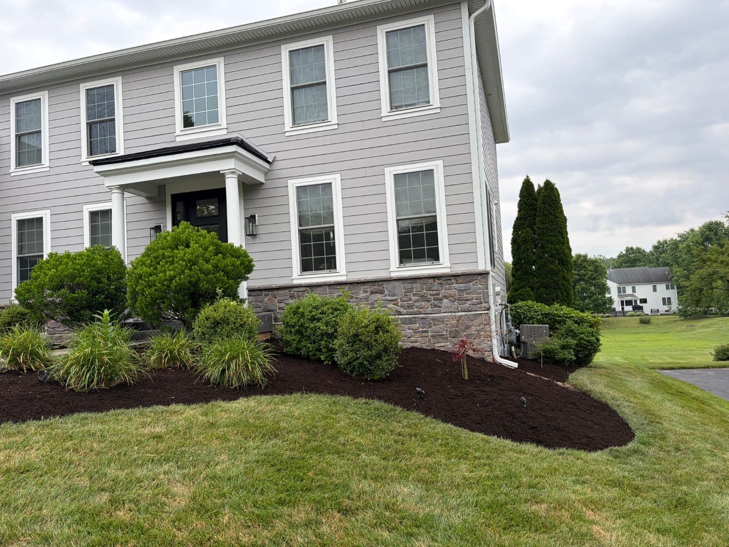 Curved foundation bed at a gray colonial with fresh brown mulch around shrubs and daylilies