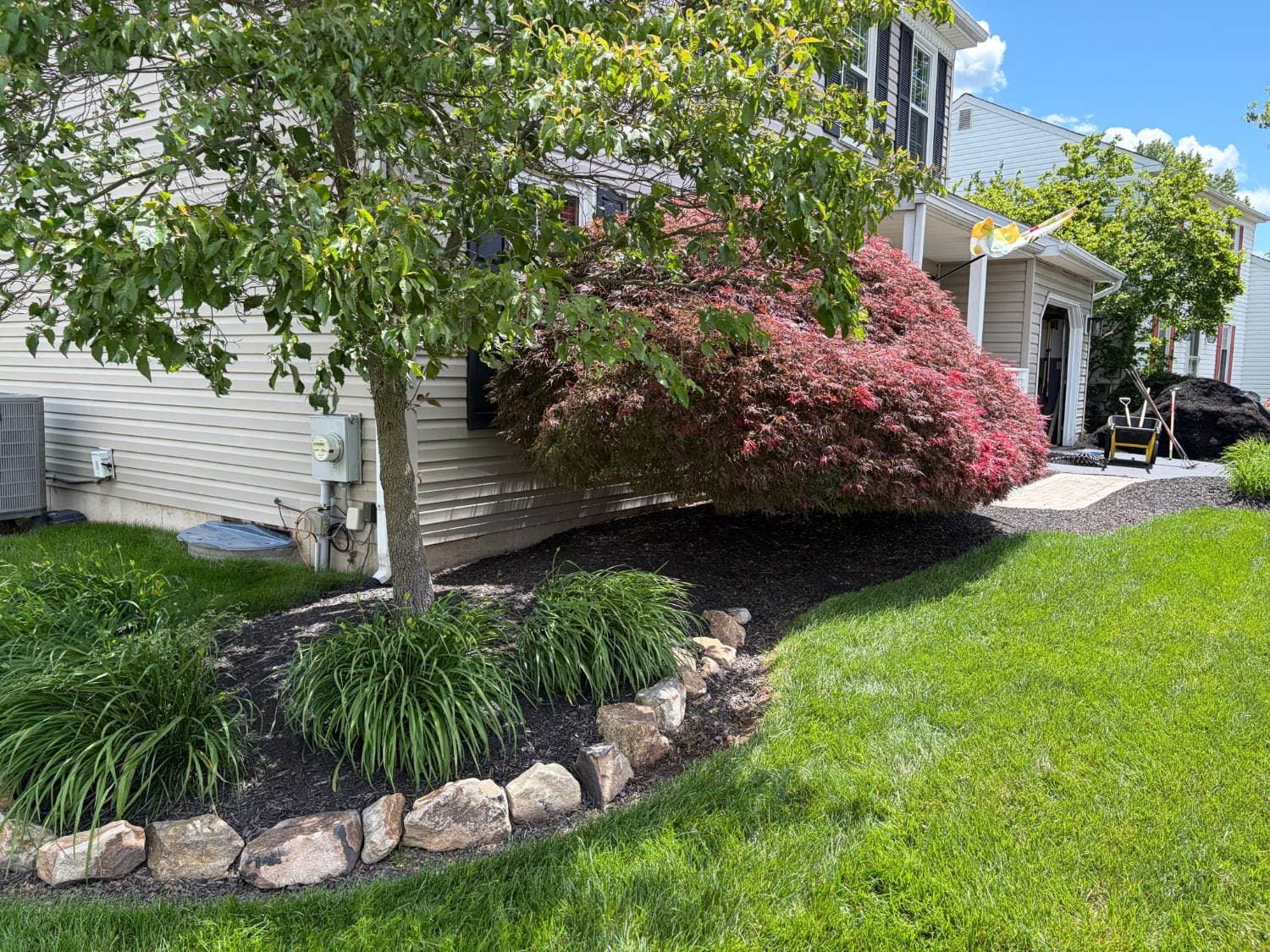 Side bed under a dogwood and Japanese maple before cleanup, with faded mulch and a soft edge